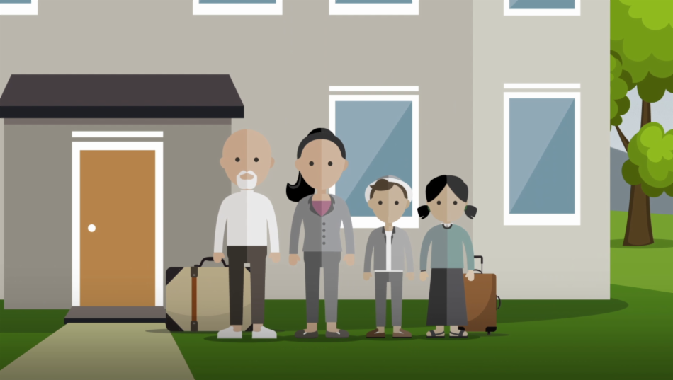 En tegning av en familie på fire utenfor hjemmet sitt.