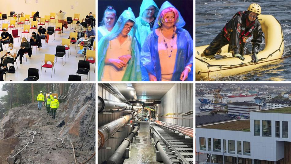 Collage over bilder fra årsmeldingen. Vaksinering, teater, redning fra båt, veibygging, vannrør og ny skole.