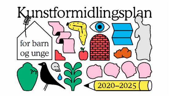 Illustrasjon med mange tegnede ikoner. Tekst: Kunstformidlingplan for barn og unge, 2020-2025